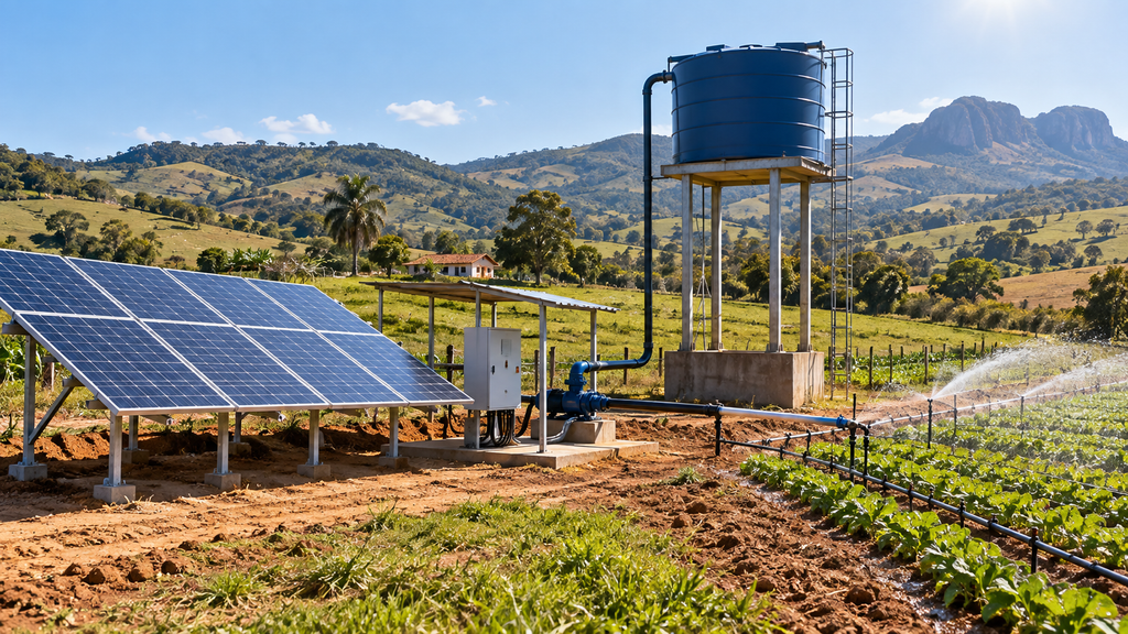 Sistema de riego solar en un campo brasileño con variador para bomba de 7,5 kW, paneles fotovoltaicos y reservorio