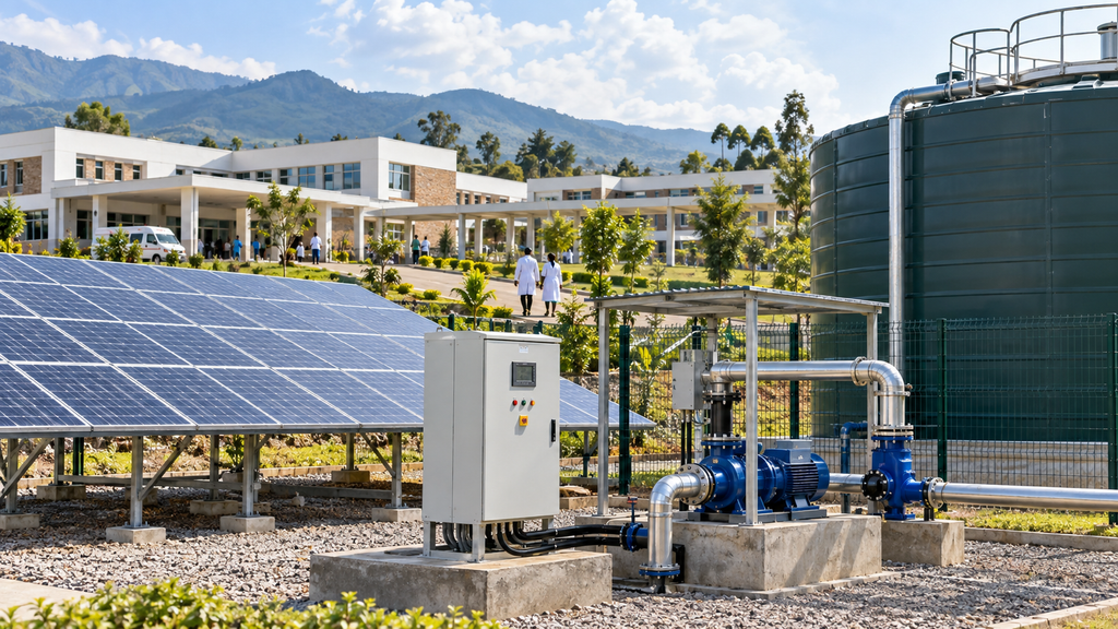 Como projetar um sistema de bombeamento solar de 22kW para armazenamento de água hospitalar em Ruanda
