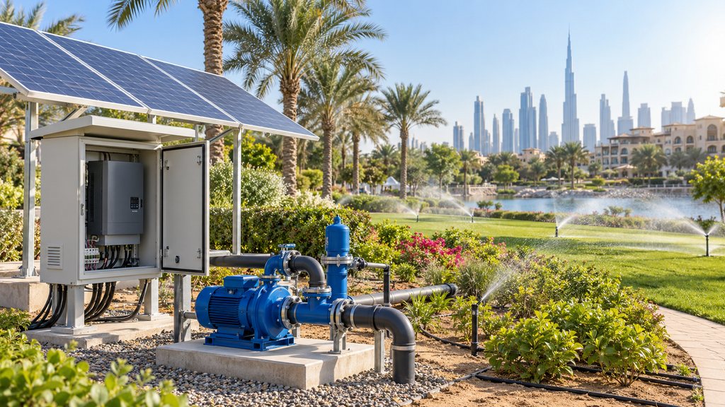 Como escolher um inversor para bombas solares de 15 kW para um projeto de irrigação de áreas verdes nos Emirados Árabes Unidos?