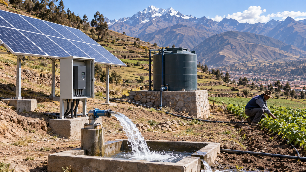 Bombeamento solar de 5,5 kW em zona andina do Peru com painéis fotovoltaicos, reservatório de água e cultivo em altitude