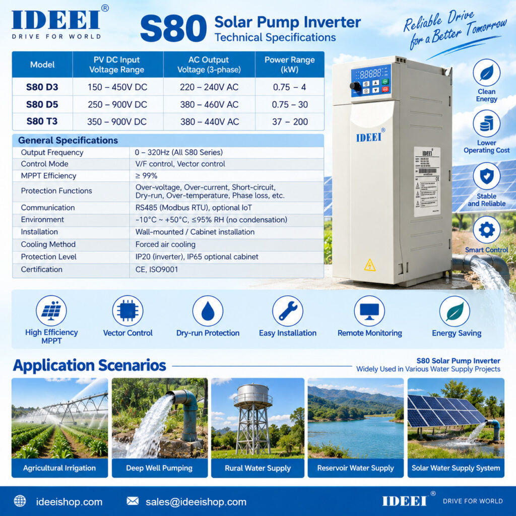 IDEEI S80 Solar Pump Inverter 0.75–200kW MPPT VFD view 2